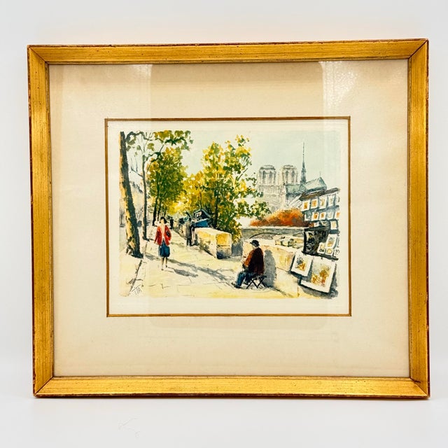 Gold Vintage Paris Seine Watercolor, Notre Dame Street Scene, Framed Original Signed “Tia” For Sale - Image 8 of 8