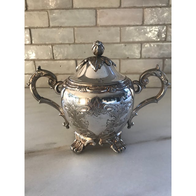 English Vintage Hand-Chafed Maker's Marked Silver Plate Coffee and Tea Service - 8 Piece Set For Sale - Image 3 of 12