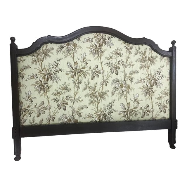 New Schumacher Chinoiserie ‘Brantwood Vine’ Belgian Linen Upholstery on Antique 19th Century Walnut Headboard For Sale