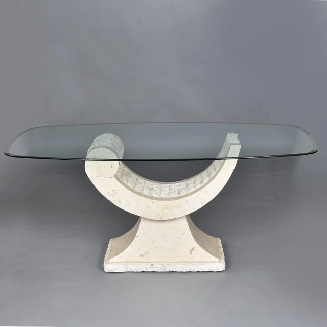 Curved Tessellated Stone Pedestal Dining Table With Oval Glass Top For Sale - Image 9 of 9