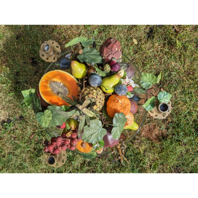 Ornate Brass Tripod Compote Centerpiece Candelabra & Large Fluted Bowl With Fruit For Sale - Image 11 of 12