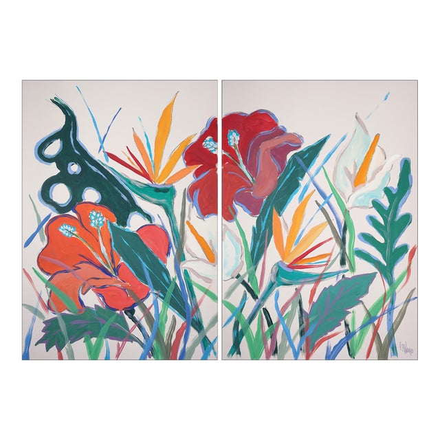 2025, Lush Botanical, Illustration Style Diptych of Tropical Abundance, Acrylic Painting on Watercolor Paper by Romina Milano For Sale