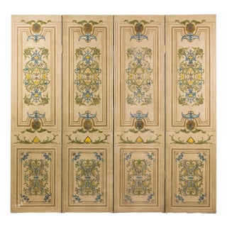 Vintage Hand-Painted Four-Panel Folding Screen with Victorian-Style Motifs For Sale