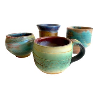 Vintage 1990's Organic Modernist Studio Art Pottery Ceramic Teacup Mugs - Set of 4 For Sale