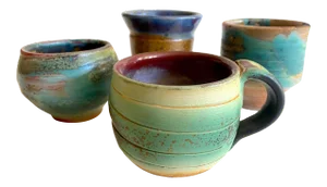 Vintage 1990's Organic Modernist Studio Art Pottery Ceramic Teacup Mugs - Set of 4