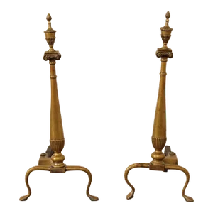 Early 20th Century Federal Style Quality Brass Fireplace Andirons - A Pair