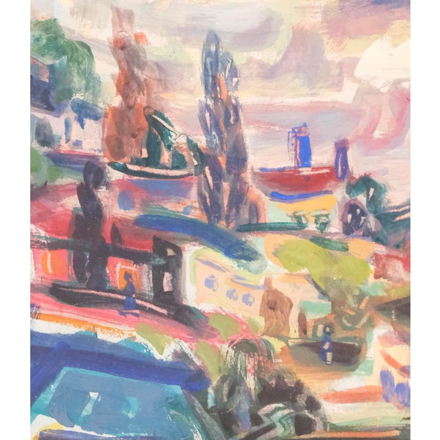 This vibrant and expressive watercolor by Israeli artist Isaac Amitai captures a radiant view of Safed (Tzfat), the...