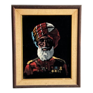 Vintage Mid Century Acrylic Painting on Black Velvet of a Sikh For Sale