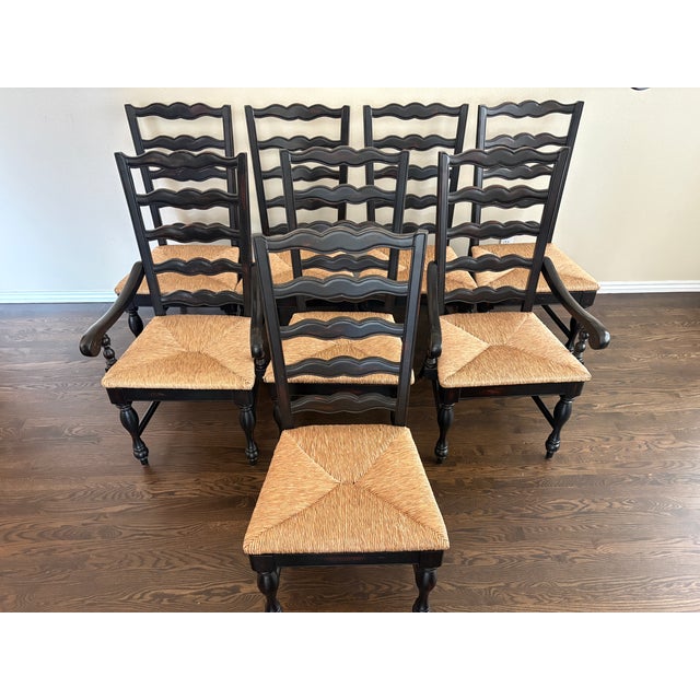 French Country Black Ladder-Back Dining Chairs With Woven Seats (Set of 8) For Sale - Image 4 of 9
