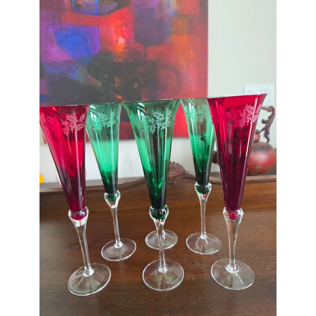 Set of Six Colored Crystal Champagne Flutes From Lenox 'Holiday Gems' Collection For Sale In Chicago - Image 6 of 7
