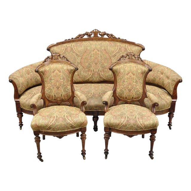Antique Eastlake Victorian Carved Burl Walnut Parlor Set Sofa & 2 Chairs - 3 PCS For Sale
