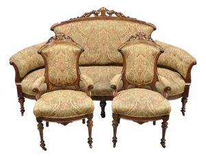 Antique Eastlake Victorian Carved Burl Walnut Parlor Set Sofa & 2 Chairs - 3 PCS
