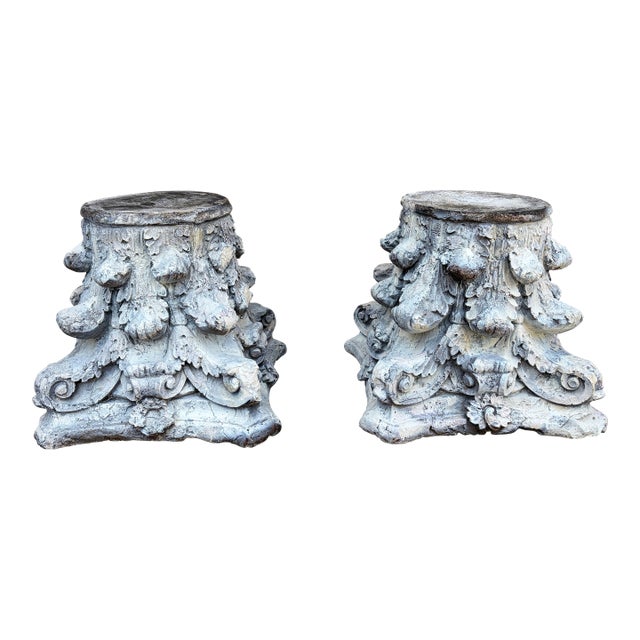 Late 20th Century Pair of Weathered Cast Concrete Corinthian Capital Garden Stands For Sale