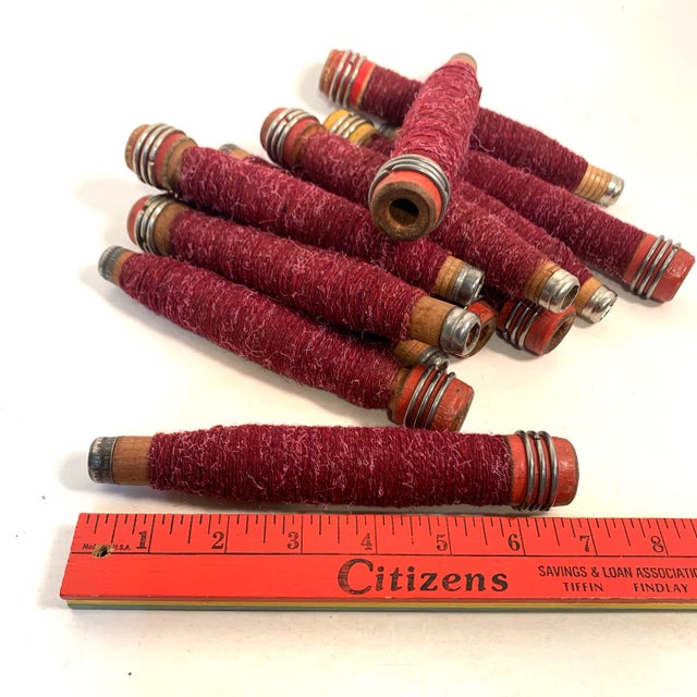Early 20th Century Wooden Textile Quills Burgundy Thread Wound Set of 12 For Sale - Image 10 of 10