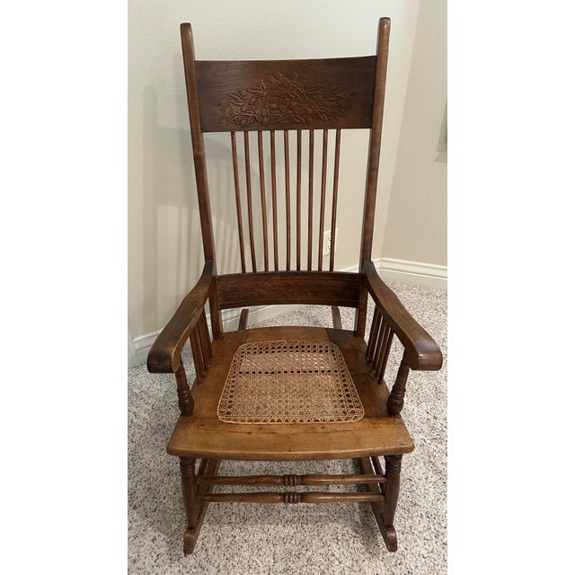 Vintage Arts & Crafts Carved Oak High-Back Rocking Chair With Cane Seat &Arms For Sale - Image 4 of 7