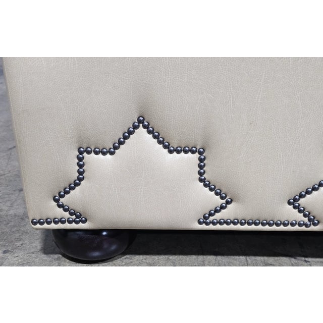 Late 20th Century Late 20th Century Large Designer Beige Leather Upholstered Ottoman Pattern Tack Trim Bun Feet For Sale - Image 5 of 6