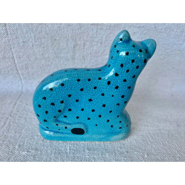 Chinoiserie Vintage Blue and Black Spotted Ceramic Cat For Sale - Image 3 of 9