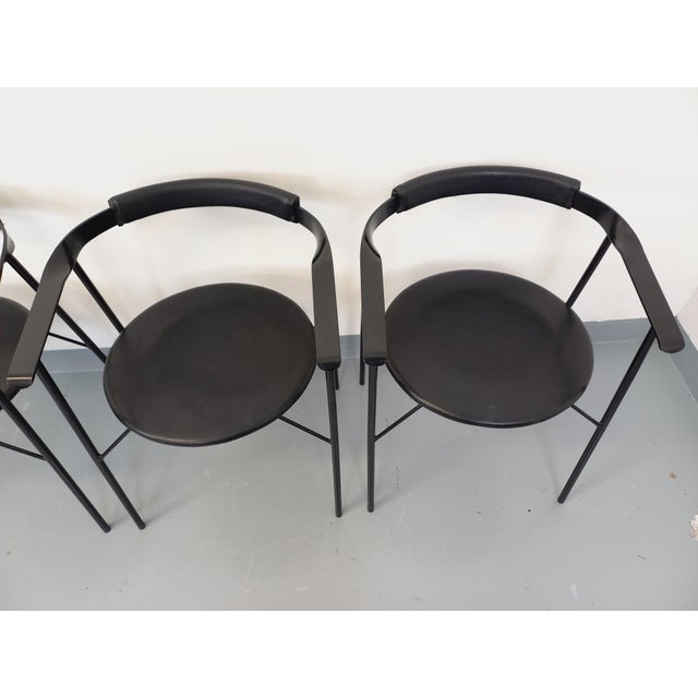 1980s Vintage Italian Armchairs in Black Metal and Black Imitation Leather, 1980s, Set of 4 For Sale - Image 5 of 18
