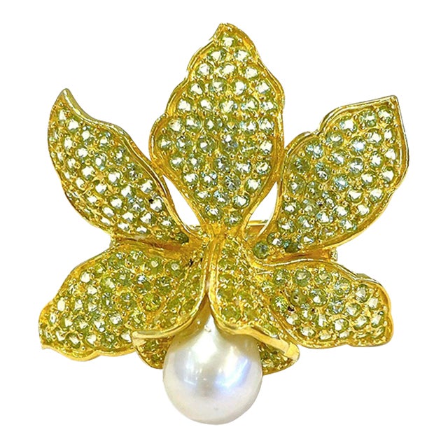 Bochic “Orient” Peridot & Pearl Cocktail Ring Set in 18k Gold & Silver Size 9 For Sale