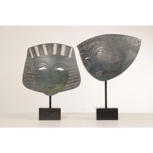 Vintage Set Of Two Tribal Style Mask Ceramic Sculptures by Jacinthe Bruneau (Canadian, 20th/21st C.), Mounted on Black...