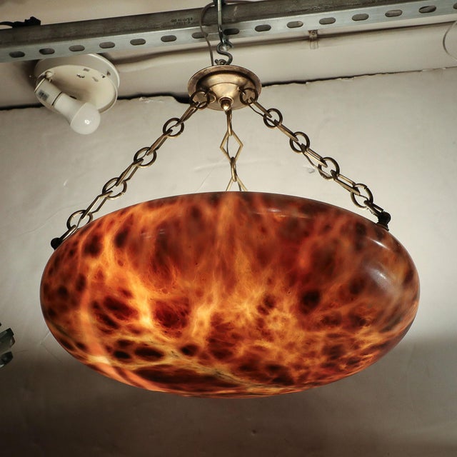 Stone Art Deco Variegated Alabaster & Bronze Pendant Chandelier For Sale - Image 7 of 12