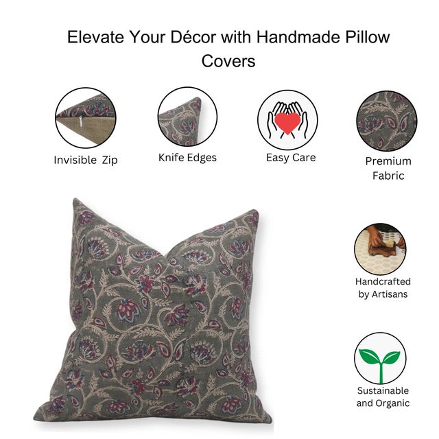 Fabdivine Block Print Cushion Cover 24x24 Inch Duck Canvas-Saraswati For Sale - Image 4 of 4