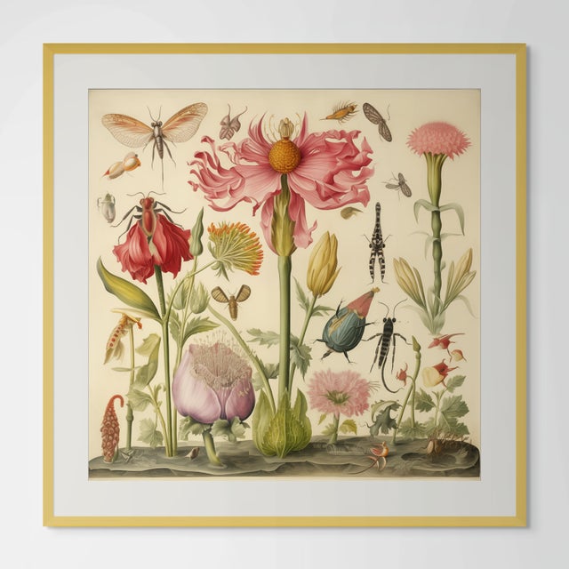 Insects and Flowers – Natural History Fine Art Print This captivating fine art print reproduces a richly detailed natural...