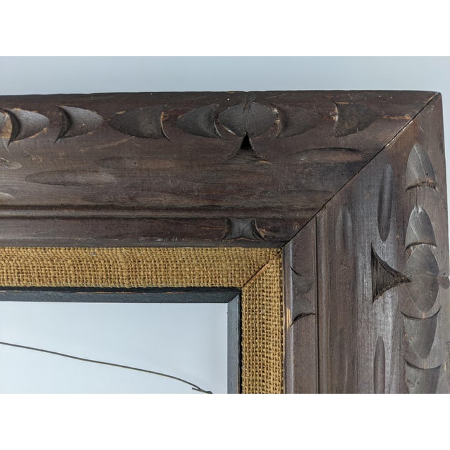 Large Vintage Arts & Crafts Hand-Carved Dark Brown Wood Frame With Linen Liner For Sale - Image 4 of 11
