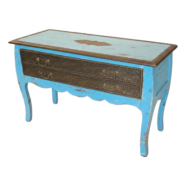 1990s Distressed Blue Wooden Console Accented With Hand Hammered Brass Foil For Sale