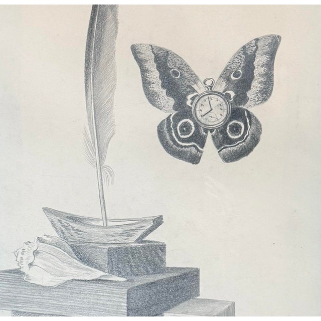 This untitled surreal still life drawing of a seashell and feather on blocks of wood with a butterfly featuring a clock in...