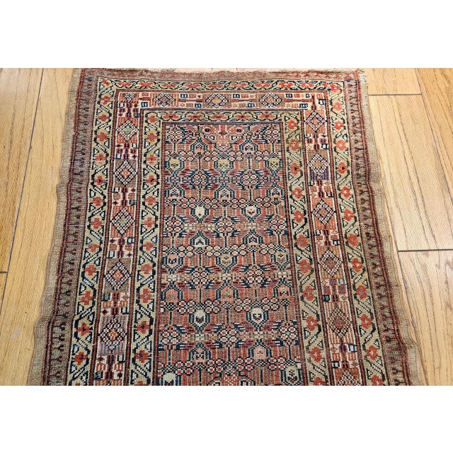Antique Serab Camel Hair Runner Rug, Hand-Knotted Wool, Allover Geometric Pattern, Red & Green, 3x12 For Sale - Image 16 of 18