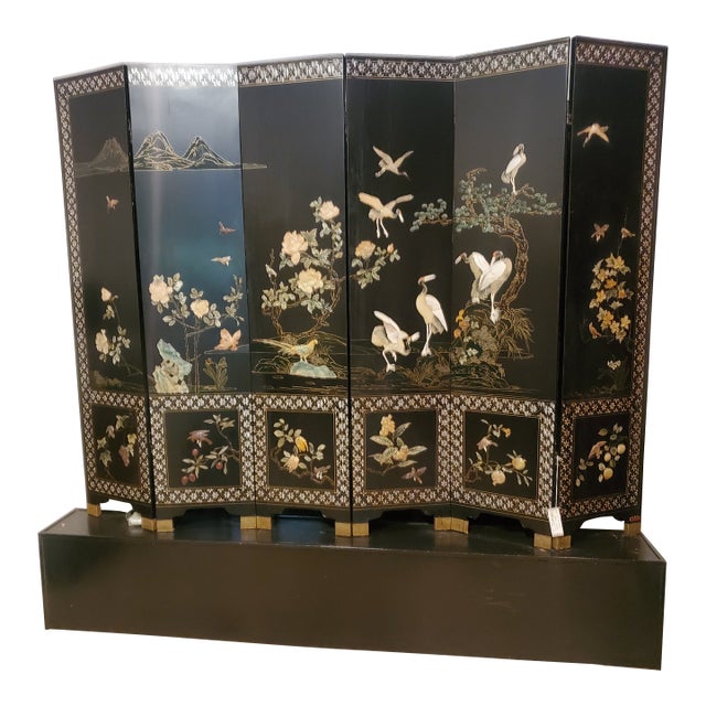Black Chinese 6-Panel Folding Lacquer Screen For Sale
