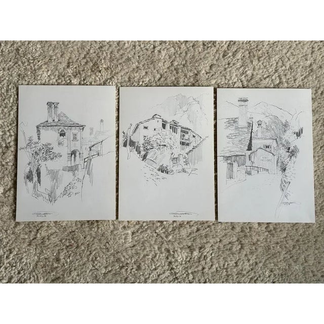 Paper Jan Kristofori, Swiss Motives/Tessin Houses, Original Pencil Sketches, Set of 3 For Sale - Image 7 of 12