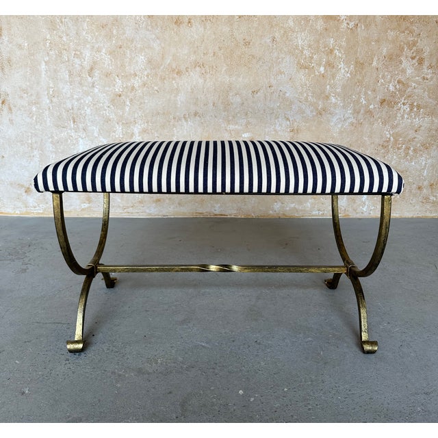 Metal Vintage Inspired Spanish Gilt Iron Bench With Scrolled Base and Striped Ticking Upholstery For Sale - Image 7 of 12
