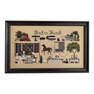 Vintage “Bird in Hand” Counted Cross Stitch by Told in a Garden – Amish Village Folk Art Needlework, Framed Handmade Textile For Sale