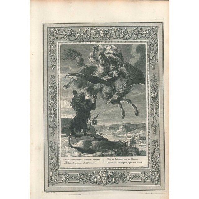 Black and white etching on wire rod paper, representing the Bellerophon fighting the Chimoera. Beautiful plate with fresh...