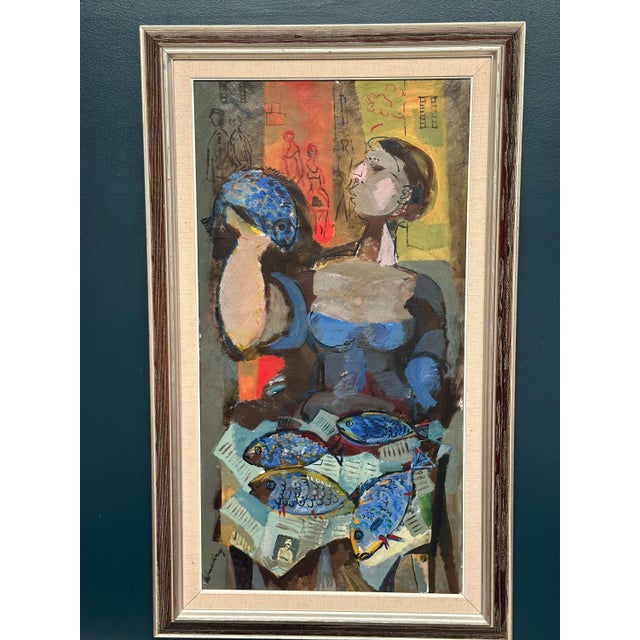 Original Vintage Swedish Oil on Canvas – “Fishmonger” by Bertil Wahlberg – Signed – Framed – 113 × 67 cm (44.5" × 26.4")...