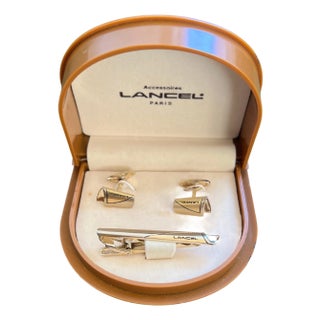 Rare Vintage “Lancel” Paris Gold Plate & Steel Cufflinks & Tie Bar Original Case For Sale