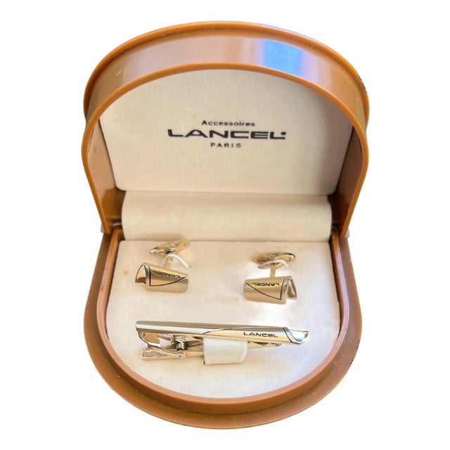 Rare Vintage “Lancel” Paris Gold Plate & Steel Cufflinks & Tie Bar Original Case For Sale