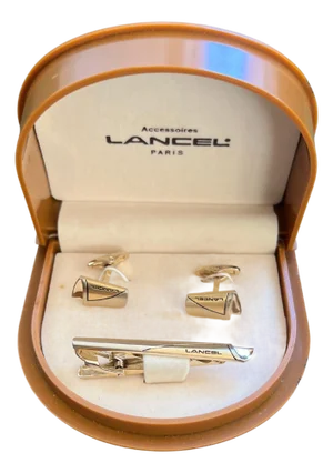 Rare Vintage “Lancel” Paris Gold Plate & Steel Cufflinks & Tie Bar Original Case