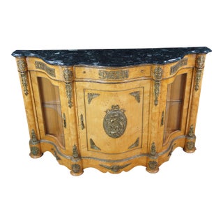 Vintage French Empire Style Birdseye Maple Ormolu Sideboard Display Cabinet 69" For Sale