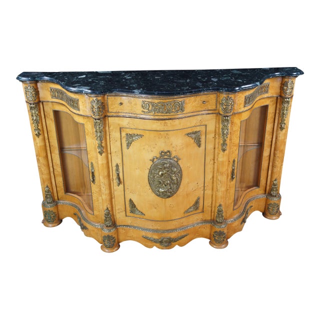 Vintage French Empire Style Birdseye Maple Ormolu Sideboard Display Cabinet 69" For Sale