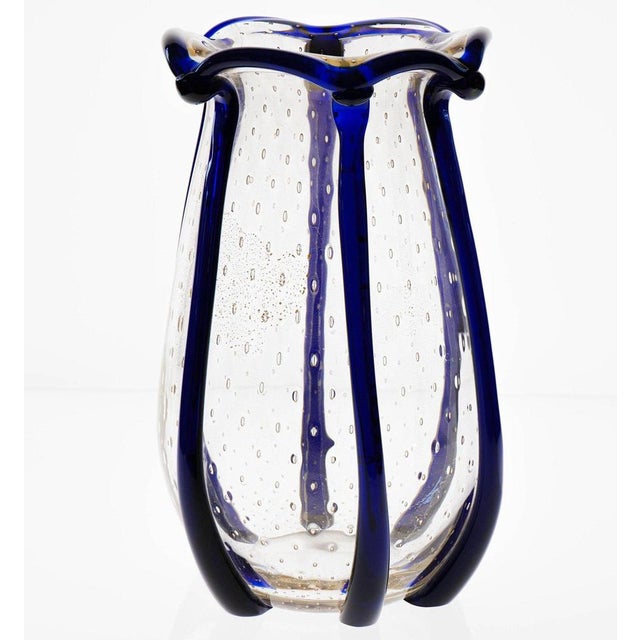 Large Murano Vase with Baloton Bubbles in Gold Leaf and Cobalt Blue Beads, 1960 For Sale - Image 14 of 18