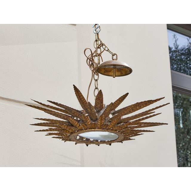 Mid-Century Modern Mid 20th Century Spanish Gilt Metal Sunburst Chandelier with Frosted Glass For Sale - Image 3 of 11