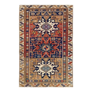 1930s Multicolor Star Medallion Antique Caucasian Shirvan Rug 3'4" X 5' Handknotted Wool Carpet For Sale