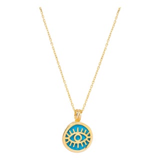 Turquoise & Gold Round Evil Eye Pendant Talisman Necklace For Sale
