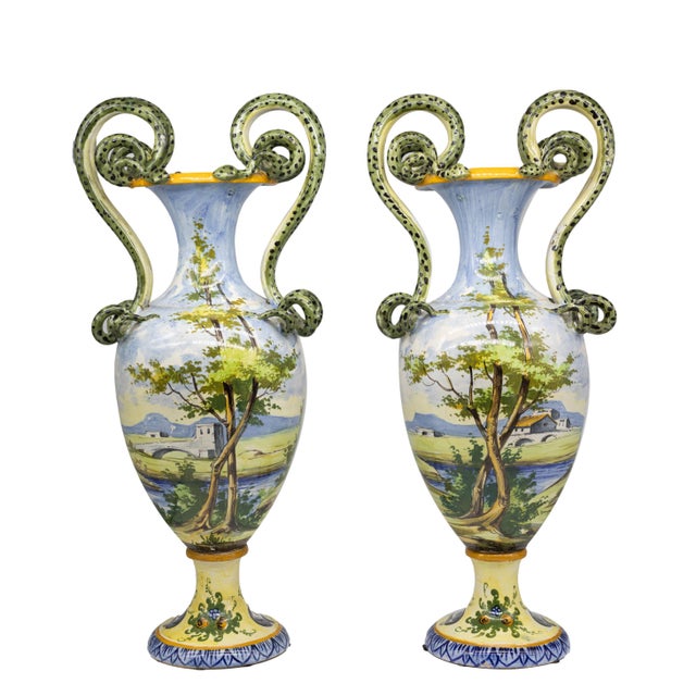 Capodimonte Pair of Italian Maiolica Vases, Coiled Snake Handles, Ca. 1880 For Sale - Image 4 of 10