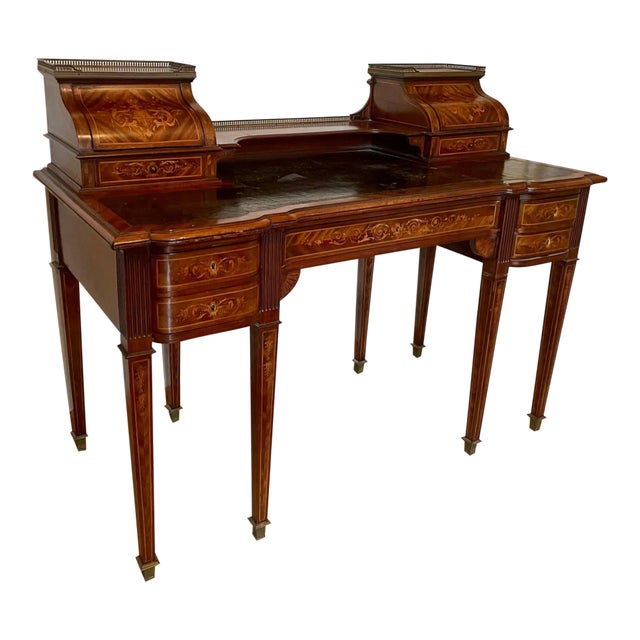 English Regency Style Mahogany and Satinwood Inlaid Carlton House Desk. For Sale