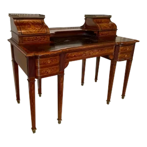 English Regency Style Mahogany and Satinwood Inlaid Carlton House Desk.