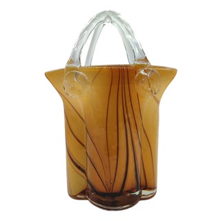 Large Mid-Century Modern Sommerso Art Glass Basket Vase in Amber and Brown, 1970s For Sale